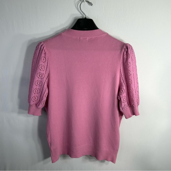 ontwelfth Floral Lace Puff Sleeve Ribbed Knit Short Sleeve Cotton Sweater Sz L - Picture 2 of 15